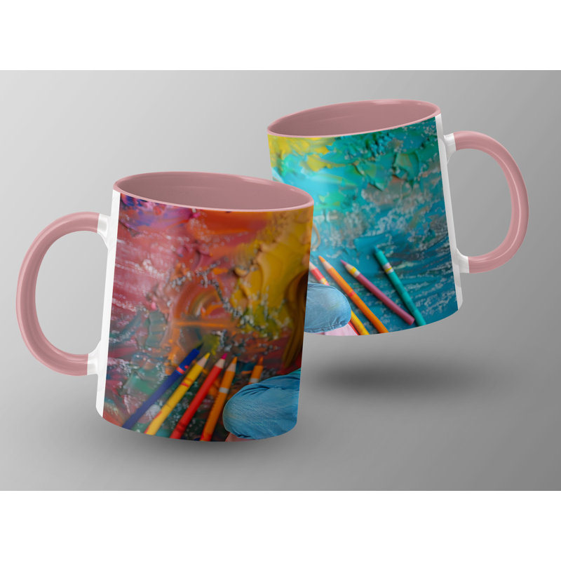 Kids Drawing Style 11oz Accent Mugs – Ceramic Coffee Cup with a Pink Handle and Interior