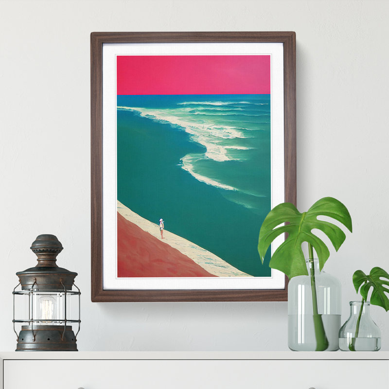 Alone On The Beach - Wall Art, 48cm H x 36cm W, Walnut Framed Paper, White
