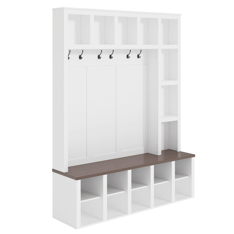 Farmhouse Wooden Hall Tree with 6 Hooks, Walnut Storage Bench with Adjustable Shelves, White+Walnut