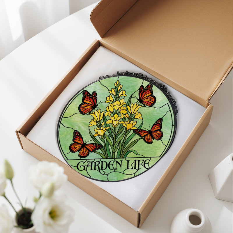 12"H Butterfly Flowers Stained Glass Window Panel