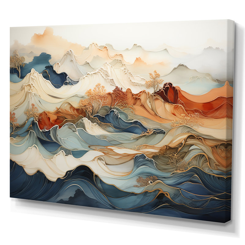 Abstract Orange And Blue River Ink III - Abstract Marble Canvas Art, 16" H x 32" W, Wrapped Canvas, No Frame