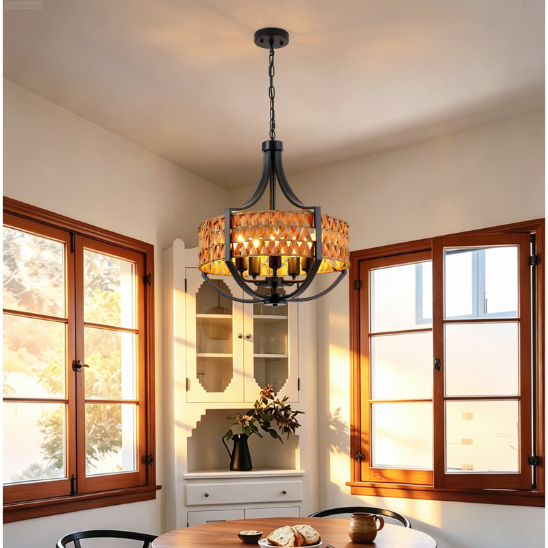 Lustre 5 lumières en cristal style campagne moderne avec chaîne de suspension réglable, noir, Rattan