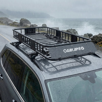 Heavy-Duty Universal Roof Cargo Basket, Black Steel Roof Rack with Tie-Down Straps for Camping & Travel