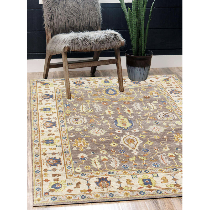 Tapis gris ivoire en laine noué à la main de la collection Bristol - 8 pi x 10 pi, Gris / Ivoire