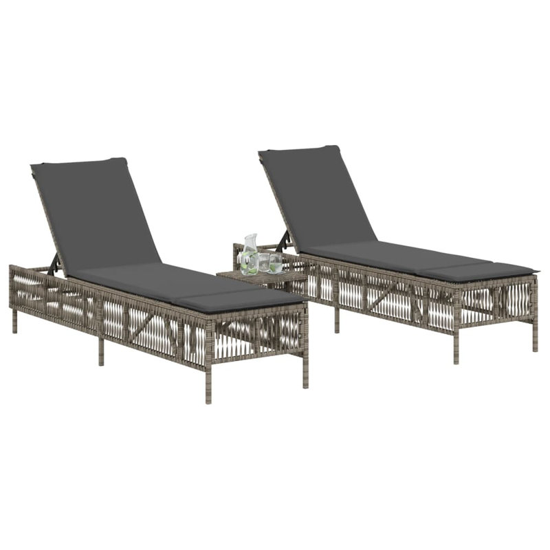  Ensemble de 3 chaises longues en rotin PE standard gris, Gris, Gris foncé