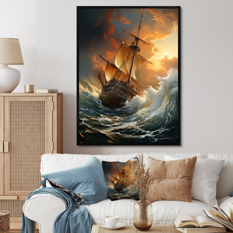 Blanc majestueux voilier en tempête I, reproduction d'art sur toile, H 32 po x l 16 po x P 1 po, Cadre flottant noir