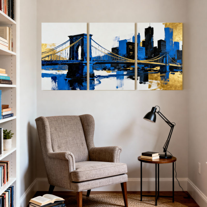 Cités et pays, pont urbain, reflet de l'eau, ensemble de 3 impressions sur toile, H 18 po x l 36 po
