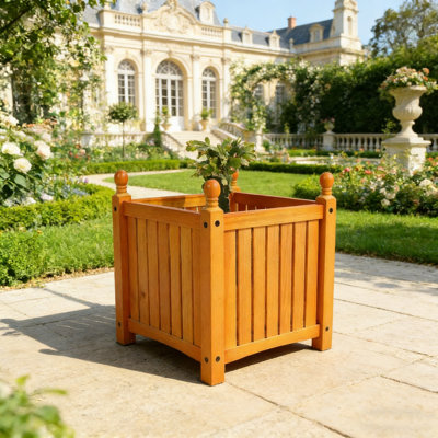 Square Solid Wood Outdoor Planter Box, Teak Finish Raised Flower Pot, Decorative Plant Container for Garden, Patio & Porch