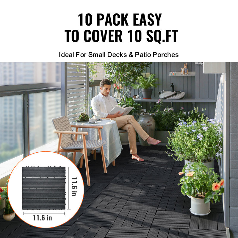 Dalles de terrasse emboîtables, paquet de 10, 30,5 x 30,5 cm (12 po x 12 po), 0,93 m² (10 pi²), revêtement de sol extérieur imperméable en plastique, résistant aux intempéries, idéal pour terrasse, porche, balcon, jardin, gris foncé