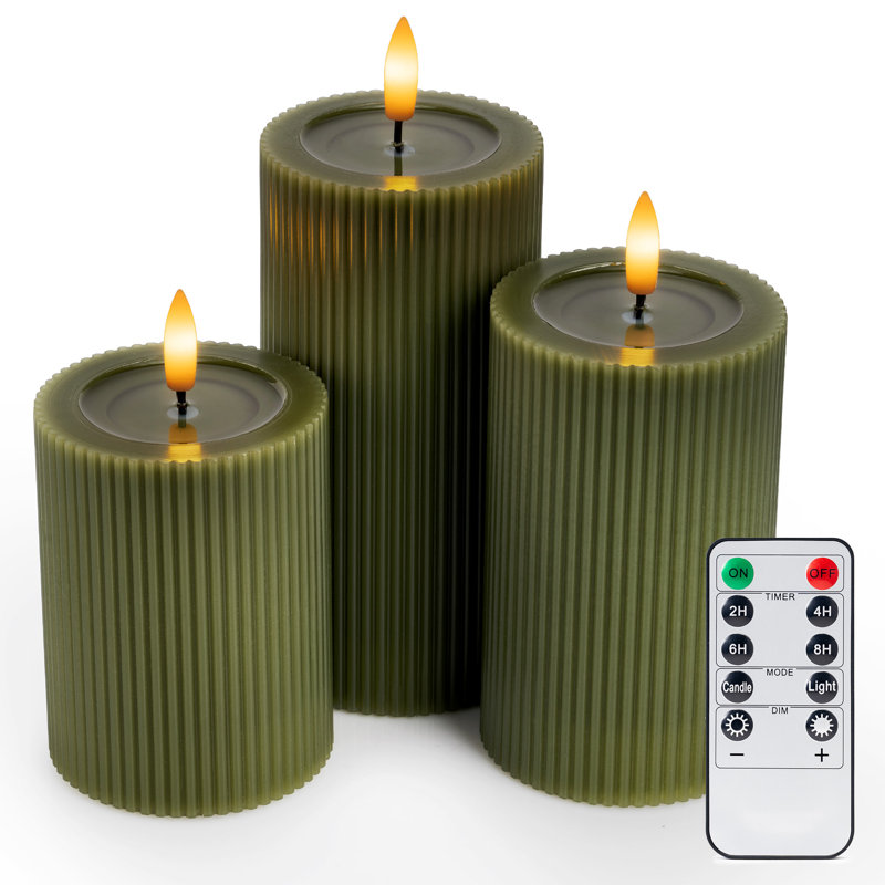 Fluted Ribbed LED Pillar Candles, with Reflective Melted-Wax Effect – Flickering Flame, Remote, Dimmable, Flameless, Battery Operated, Home & Wedding Decor (Set of 3)