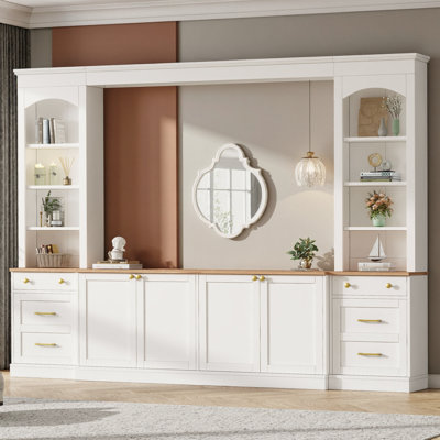 Meuble télé Viremont de 106 po de style ferme avec bibliothèque intégrée | Meuble télé rétro avec plateau imitation bois pour téléviseurs jusqu'à 70 pouces, console multimédia multifonctionnelle avec tiroirs et placards dissimulés