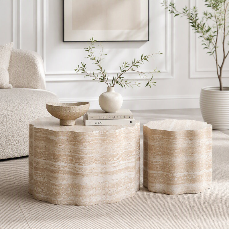 Ensemble de 2 tables basses gigognes rondes avec motif en faux marbre, 26.77"W, beige brown
