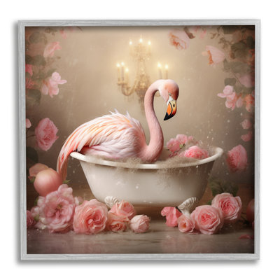 Flamant rose dans une baignoire remplie de rose, impression sur bois