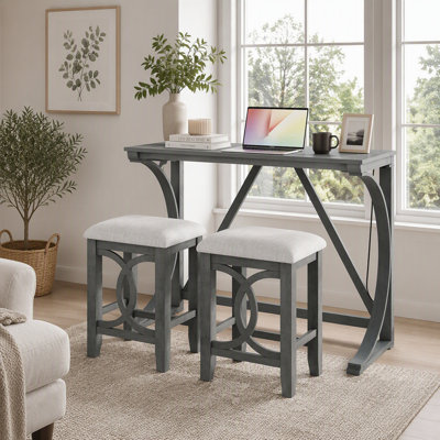 Ensemble de salle à manger 3 pièces de style campagnard avec comptoir, port USB et tabourets rembourrés
