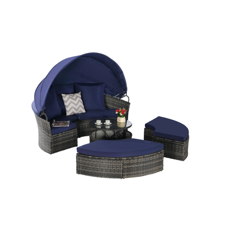 5 Pieces Outdoor Patio Round Daybed Furniture,Wicker Conversation Set With Retractable Canopy, Soft Cushions, And Storable Table For Leisure In Porch Backyard