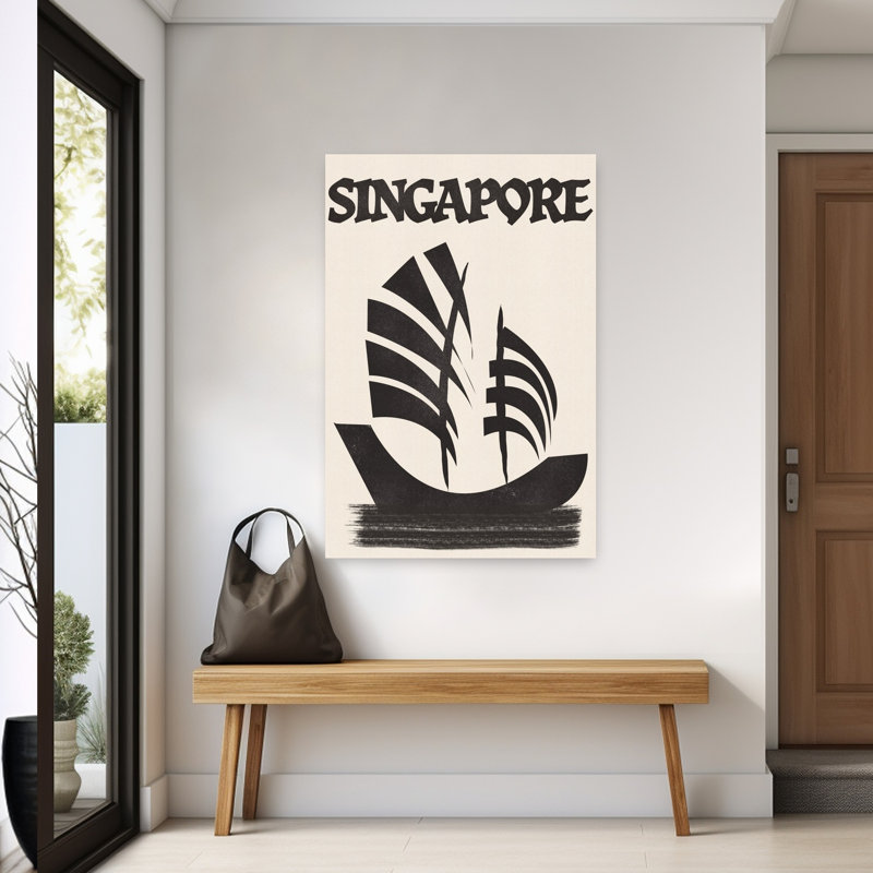 Singapore Junk Sail Minimalist Retro Traditional City Ocean Wall Art Print 1 Piece Wrapped Canvas Wall Art