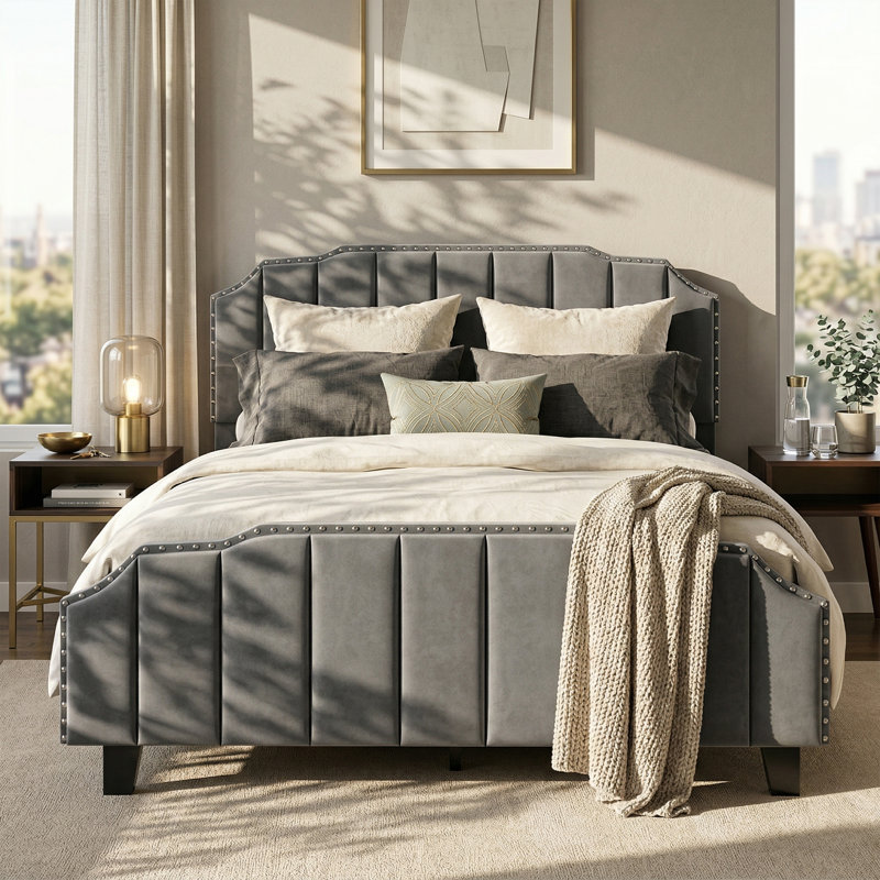 House of Hampton Luxury Velvet Upholstered Platform Bed w/ Arched Tufted Headboard