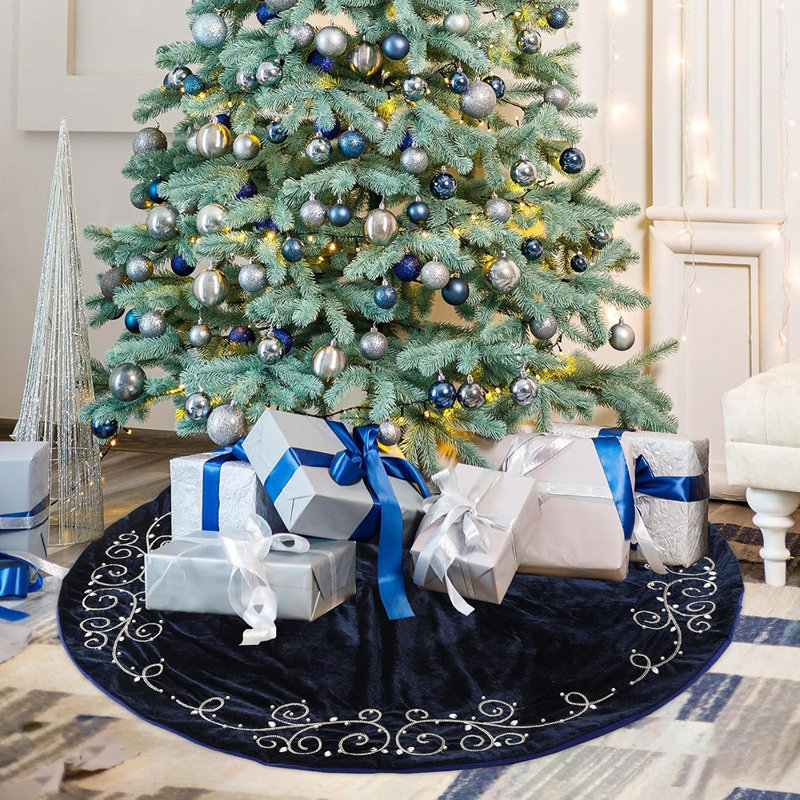 Navy Blue Luxury Velvet Christmas Tree Skirt with Gold Embroidered Pearls & Crystals, Baroque Plush Fur Holiday Decor