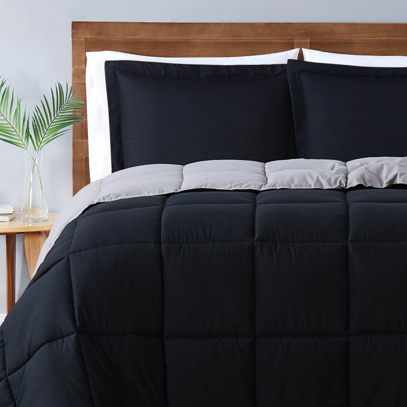 Ensemble d'édredon réversible en microfibre Everyday, Édredon double + 2 taies décoratives standards, Noir / gris