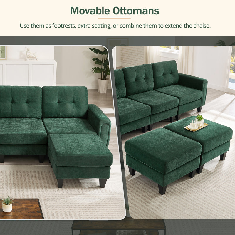 Canapé modulaire en U de 115 po avec 2 repose-pieds et tables d'appoint pliables Roomfitter, chenille, vert, Vert
