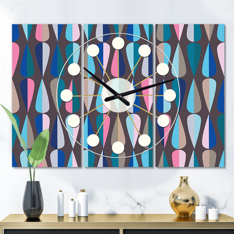 Très grande horloge murale rétro Mid-Century, Rose / bleu / bleu ciel