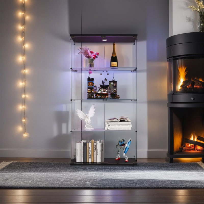 Lighted Two Door Glass Cabinet Glass Display Cabinet With 4 Shelves, Black