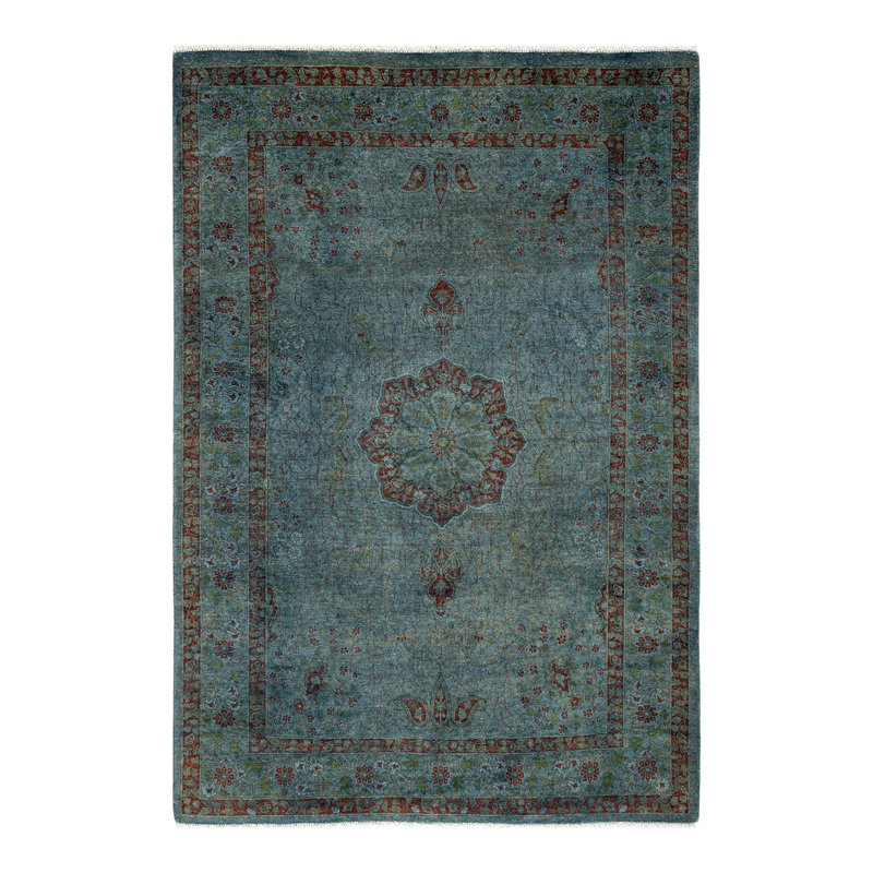 Tapis bleu noué à la main Zanyra, unique en son genre