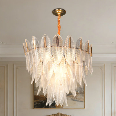 23.6" 4-Tier Textured Glass Leaf Chandelier, Gold Iron & Aluminum Frame, 9 E14 3-Color Bulbs Included
