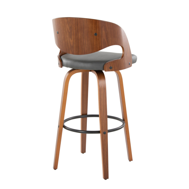 Pino 30" Mid-Century Modern Fixed-Height Barstool With Swivel In Walnut Wood And Grey Faux Leather With Round Black Metal Footrest By Lumisource - Set Of 2