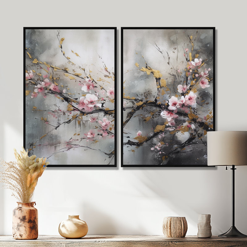 Forêt d'orchidées roses - art mural moderne 2 panneaux, Impression encadrée flottante, 36'' H x 48'' W, Black