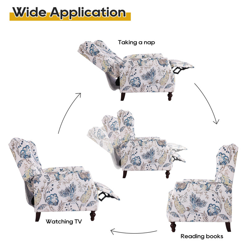 Upholstered Wingback Chair Set Of 2-push Back Recliner Chairs For Adults,mid Century Modern Recliner Chair,floral Manual Recliner Chair For Living Room, Bedroom,solid Wood Legs
