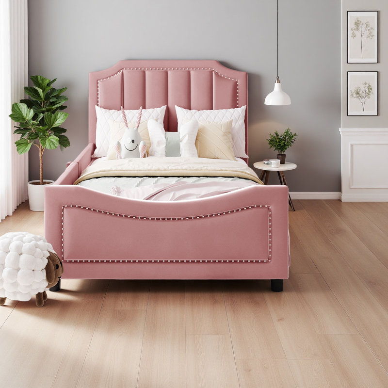 Lit de jour simple tapissier avec tête de lit à rayures classique, Rose