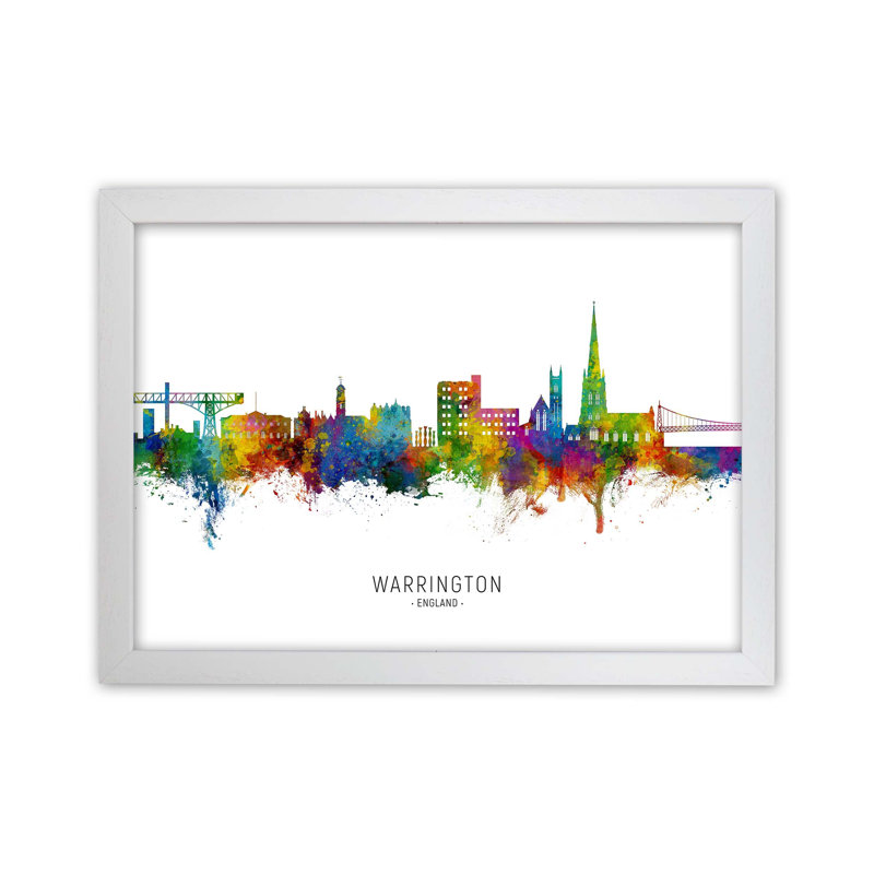 Warrington England Skyline by Michael Tompsett - Print, 25cm H x 34cm W x 3cm D, White Framed
