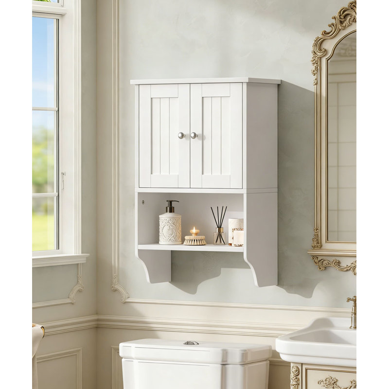 Armoire à pharmacie murale moderne avec barre à serviettes et tablette réglable, armoire de rangement de salle de bain peu encombrante avec portes doublées pour articles de toilette et articles essentiels