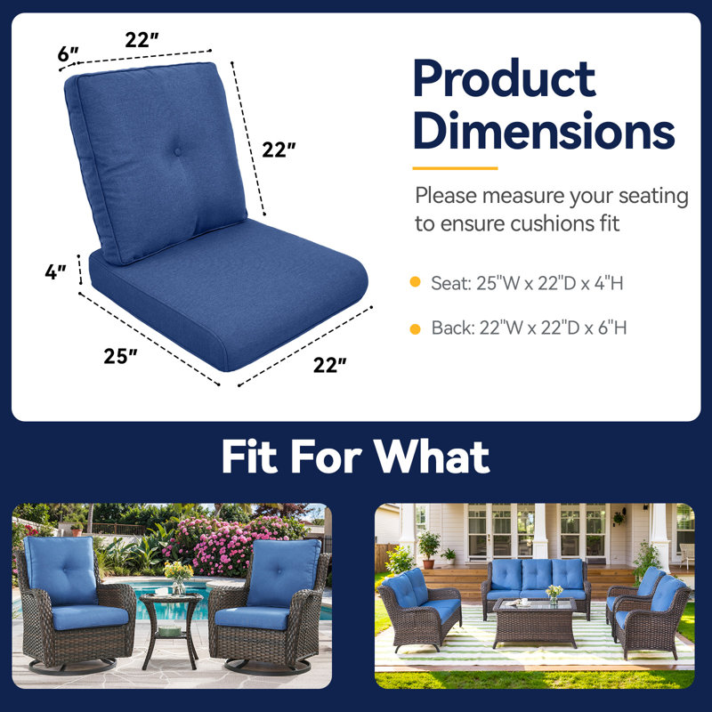 Allo 22"W x 25"D Outdoor Furniture Replacement Seat/Back Cushions, Blue, 2