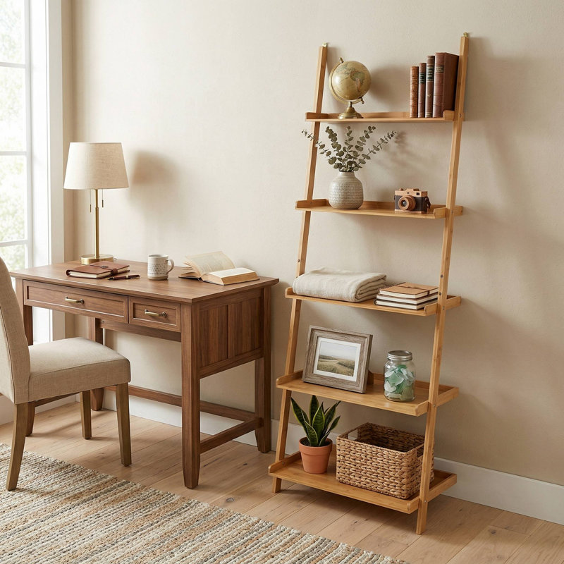 Bibliothèque à 5 niveaux en échelle en bambou naturel, support de rangement et plante multifonctionnel, convient au salon et au balcon