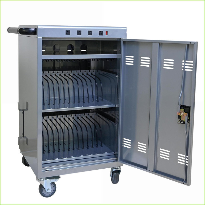 Charging Cart for 35 Devices, Mobile Locking Cabinet with UL Power Strips | Matte Silver Metal, Grey