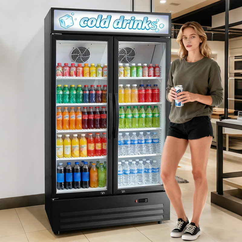 40-Inch Double Glass Door Commercial Beverage Refrigerator, 36 Cu.ft Capacity with Fan Cooling and Auto Defrost for Bars