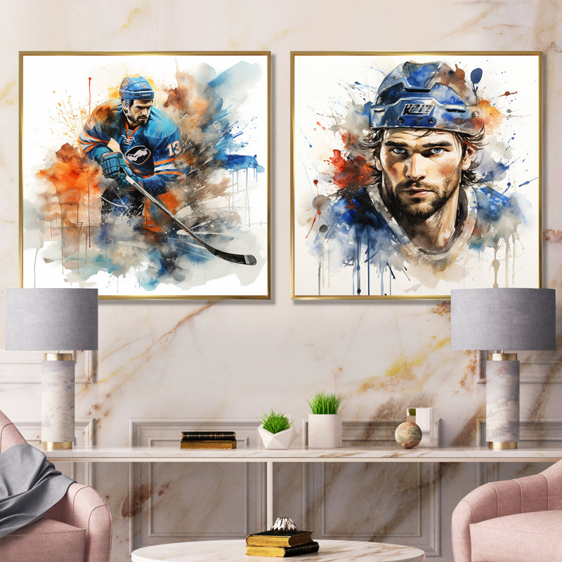 «Blue Us Hockey Ice Chronicles I», ensemble de 2 impressions sur toile, Encadrement doré, H 36 po x l 73 po x P 1,5 po