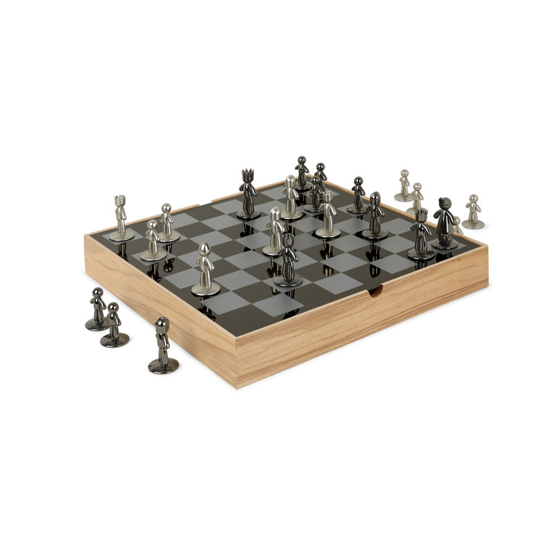 Natural Ashwood and Metal Modern Chess Set with Silver and Black Pieces
