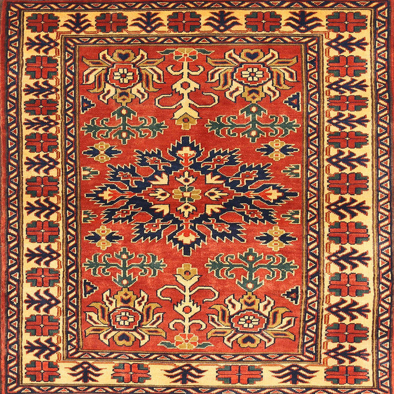 Tapis orange traditionnel/pêche/gris Corie, Carré 6 pi