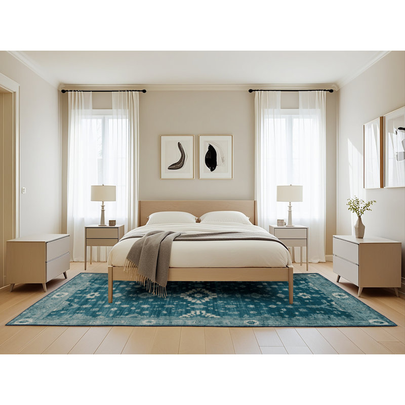 Machine Washable Overdyed Blue Area Rug, Rectangle 5' x 8'