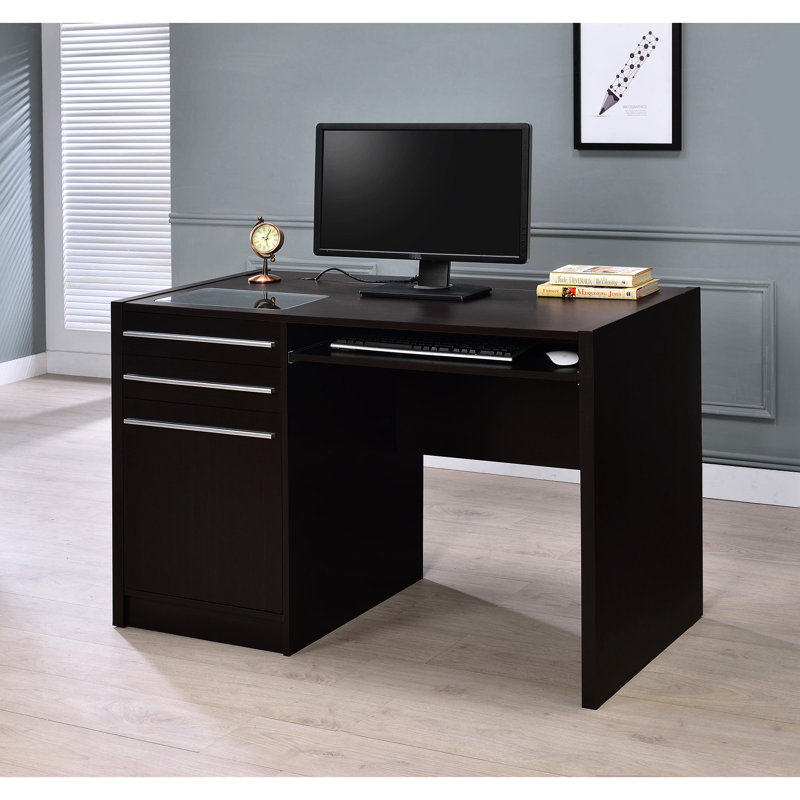 Bureau rectangulaire en cappuccino avec gestion des câbles par le dessus, armoire de porte et tiroirs de rangement