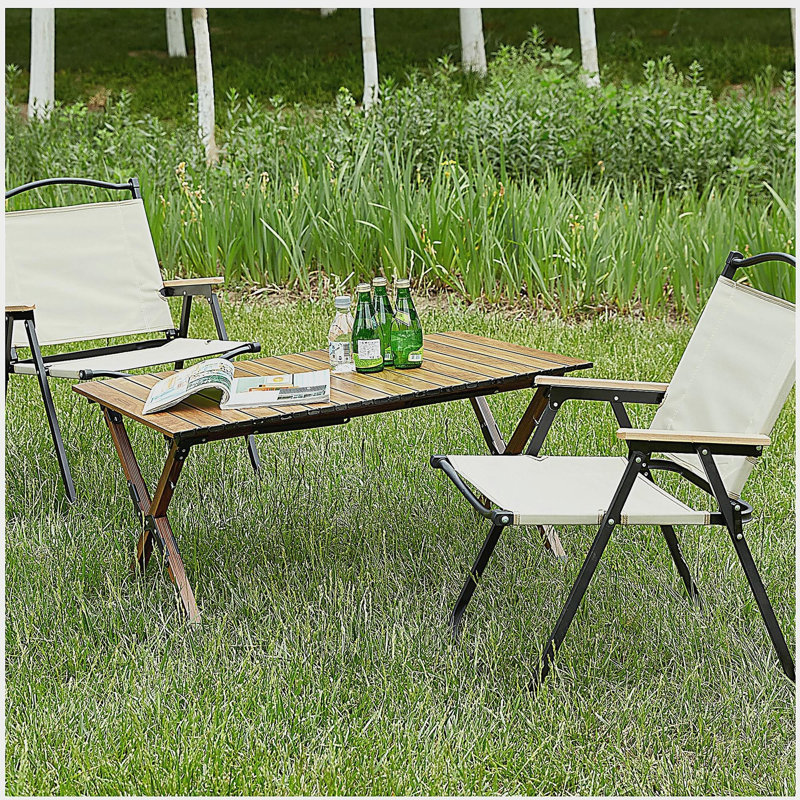 3-piece Folding Outdoor Table and two chairs,Lightweight Aluminum Roll-up Square  for indoor, Outdoor Camping, Picnics, Beach,Backyard, BBQ, Party, Patio,  Brown/Beige