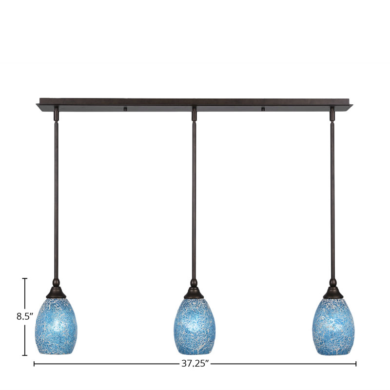 3 Light Stem Hung Linear Pendalier Shown With 5" Fusion Glass, Turquoise, Bronze