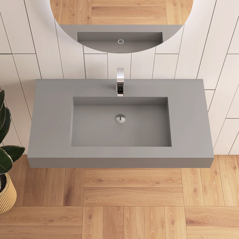 35" Wall-Mounted Vessel sink Stone Solid Surface With Faucet Hole, Gray, Yes