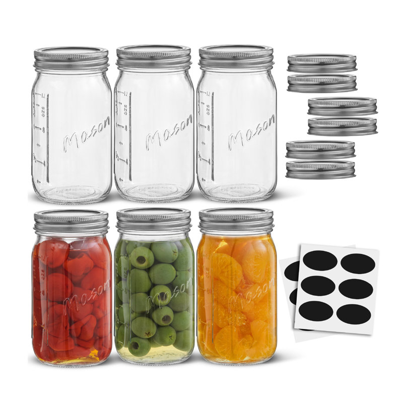 Pots Mason réguliers Brightware avec couvercles, étiquettes et mesures hermétiques - 16 oz - ensemble de 6