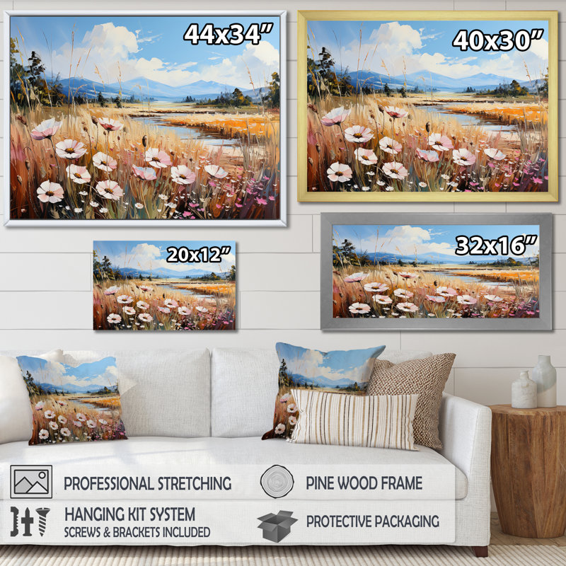 «White Wildflowers Mountain Charm», reproduction sur toile, Cadre simple blanc, H 12 po x l 20 po x P 1 po
