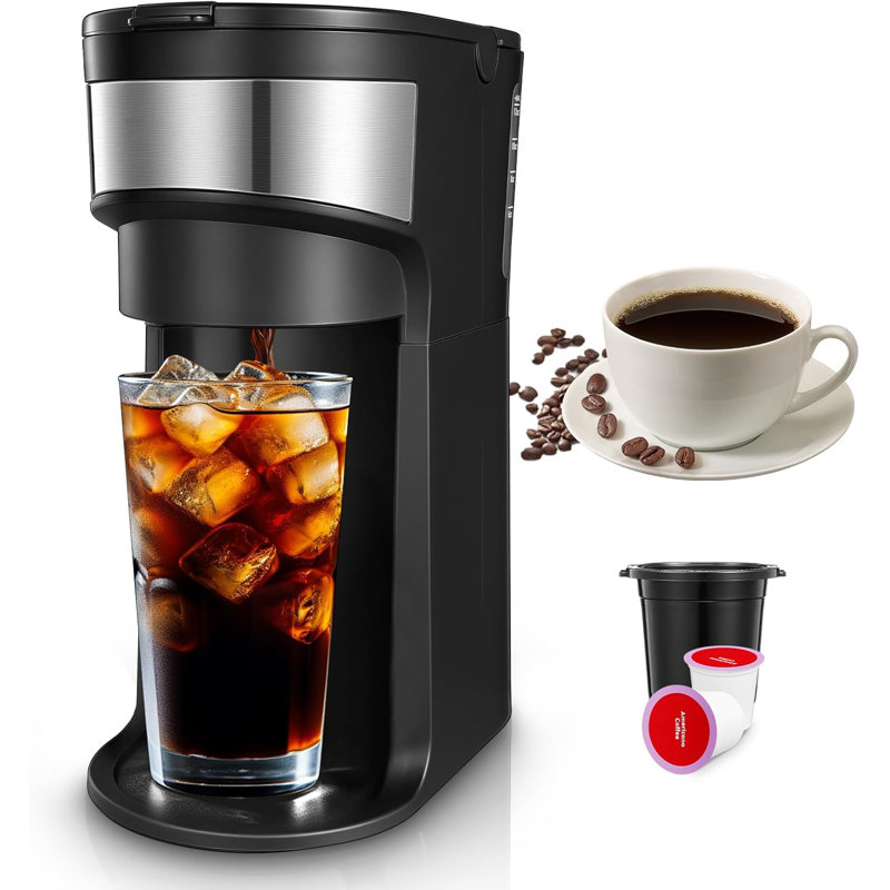 Coffee Maker, Single Serve Iced and Hot Coffee Brewer for K Pod, Small Coffee Maker with 6-12 OZ Brew Sizes, Self-Cleaning Function, Water Window, One Cup Coffee Machine with Reusable Filter