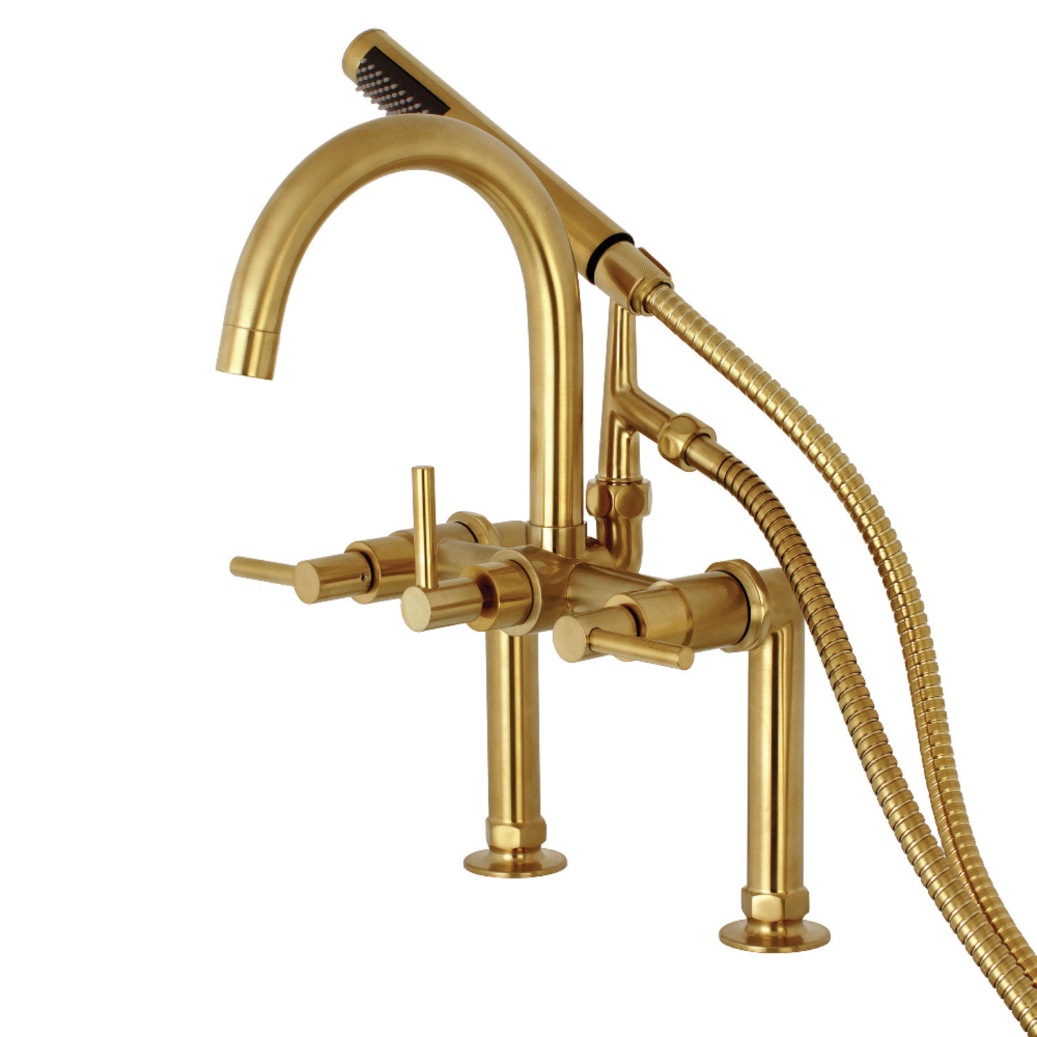 Kingston Brass Concord Three-Handle 2-Hole Deck Mount Clawfoot Tub Faucet with Hand Shower, Satin Brass